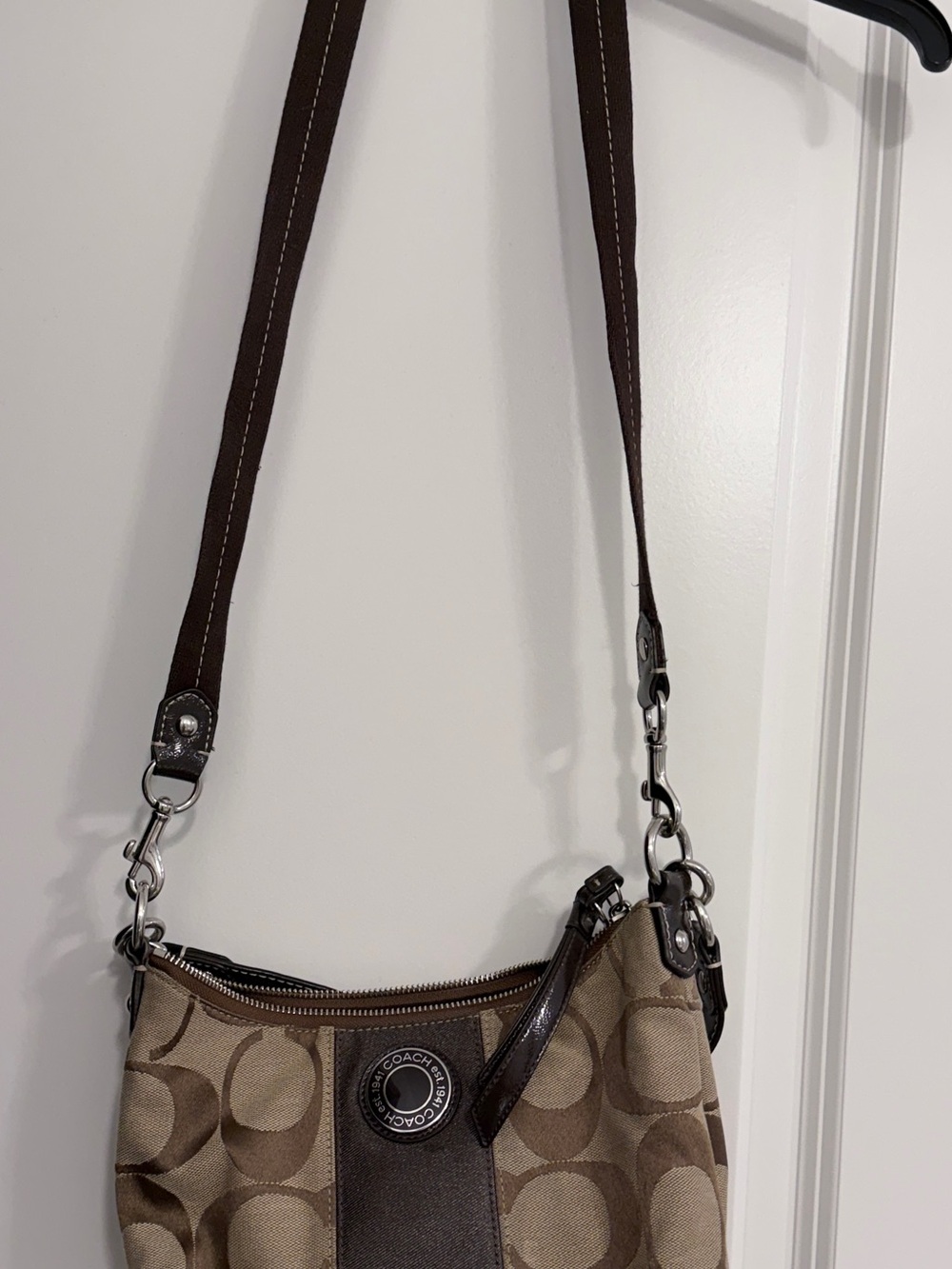 Coach Brown Signature Canvas Shoulder Bag with Dark Brown Trim